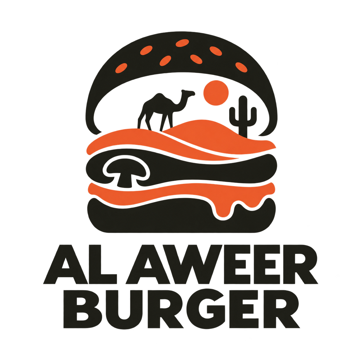 Al Aweer Burger — burger, dune, camel, cactus and mushroom logo
